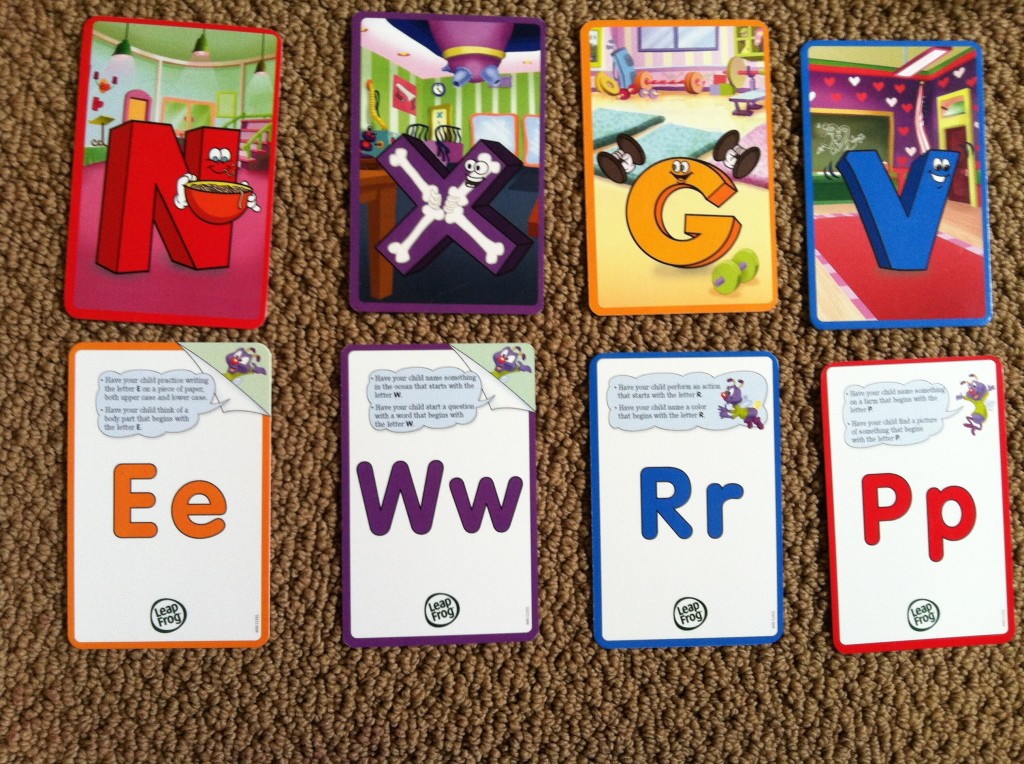 One side shows the letter from the Leapfrog Letter Factory video, and the flip side offers an activity.